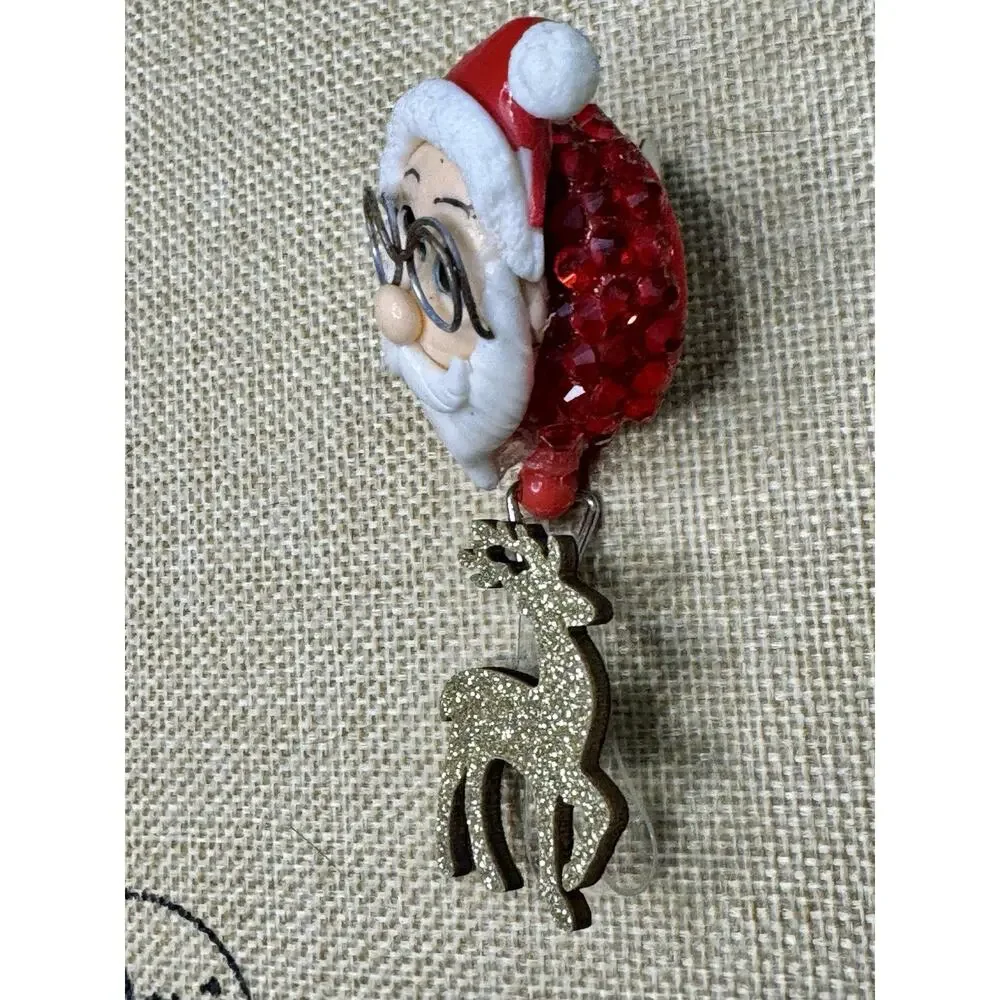 Santa With Glasses Handmade Badge Reel With Red Rhinestones On Alligator Clip